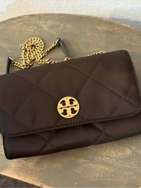 Tory Burch Black Quilted Chain Wallet with Gold Logo